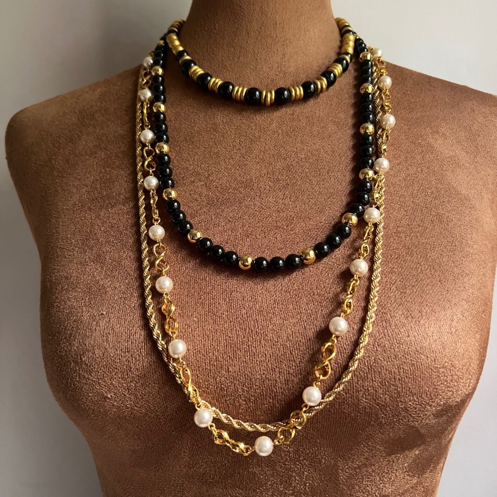 Napier Vintage Layered Necklace Gold Tone Faux Pearl Black Bead 4 pcs Eclectic
